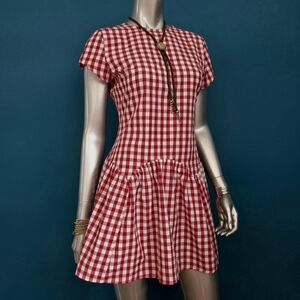 🆕🏖 ASOS DESIGN Cotton Red Gigham Mini Dress w/ Drop Waist & Back Ties //(NWOT)